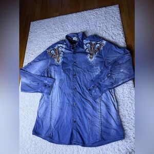 Men's XXL Blue/ Purple Embroidered Roar Button Up